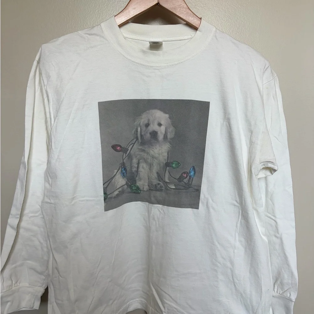 GAP White Long Sleeve Puppy Graphic Tee with Multicolored Lights